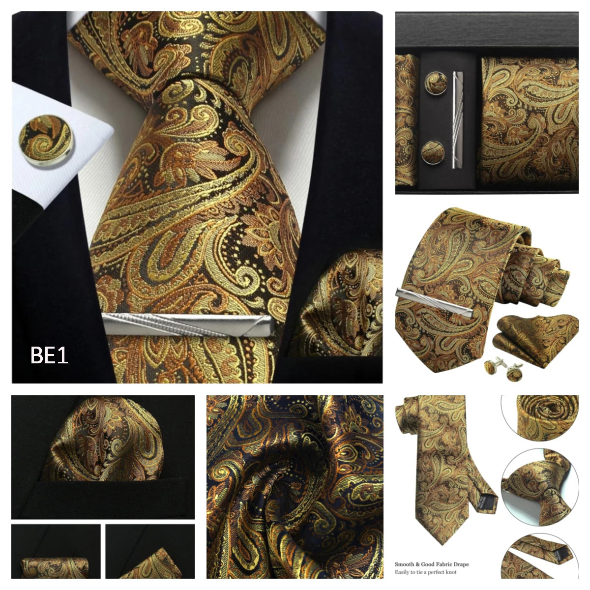 Corbata de seda 100% con diseño floral de Paisley para hombre con pañuelo de bolsillo, pasador de corbata y gemelos en caja de regalo