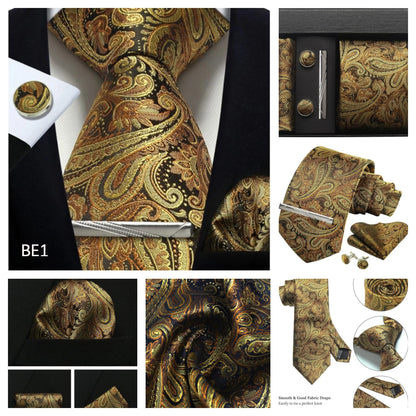 Corbata de seda 100% con diseño floral de Paisley para hombre con pañuelo de bolsillo, pasador de corbata y gemelos en caja de regalo