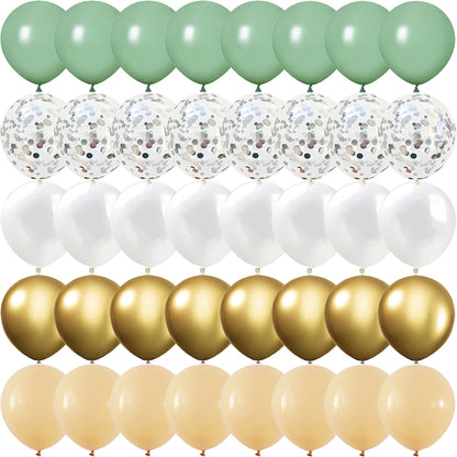 40PCS Sage Green Gold White Latex Confetti Balloons – Elegant Balloon Set for Baby Shower, Birthday, Wedding & Party Decorations