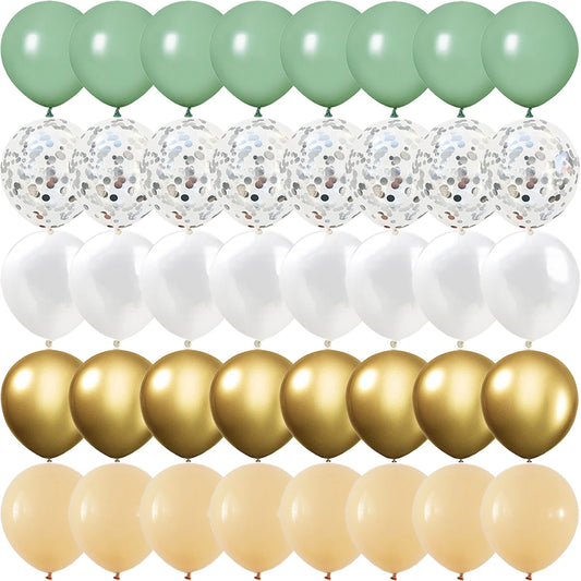 40 GLOBOS de LÁTEX Verde Salvia, Dorados y Blancos con Confeti – Elegante Conjunto de Globos para Baby Shower, Cumpleaños, Bodas y Decoraciones de Fiestas