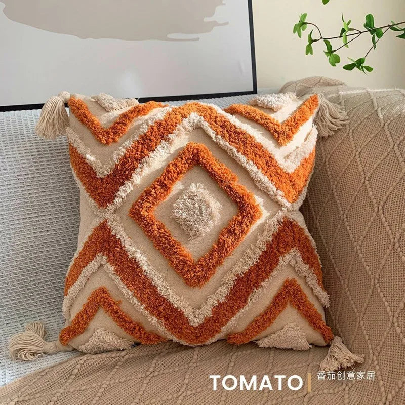 Boho Embroidered Throw Pillow Cover - Geometric Tassel Cushion Cover for Sofa, Living Room & Home Decor