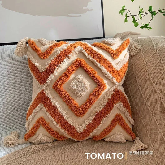 Funda de cojín bordada estilo bohemio - Funda de cojín con borlas geométricas para sofá, sala de estar y decoración del hogar