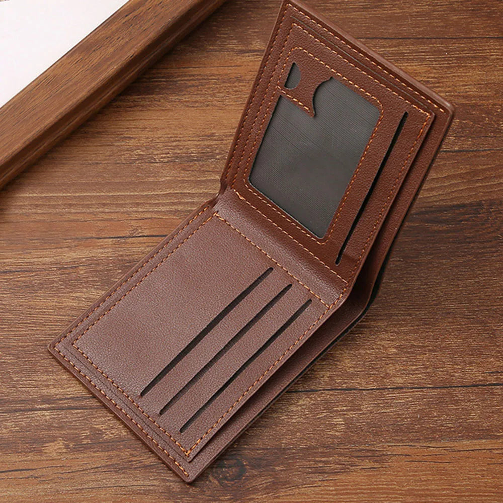 Men's Lychee Texture Leather Wallet Short Card Holder with Coin Pocket & Cash Compartment