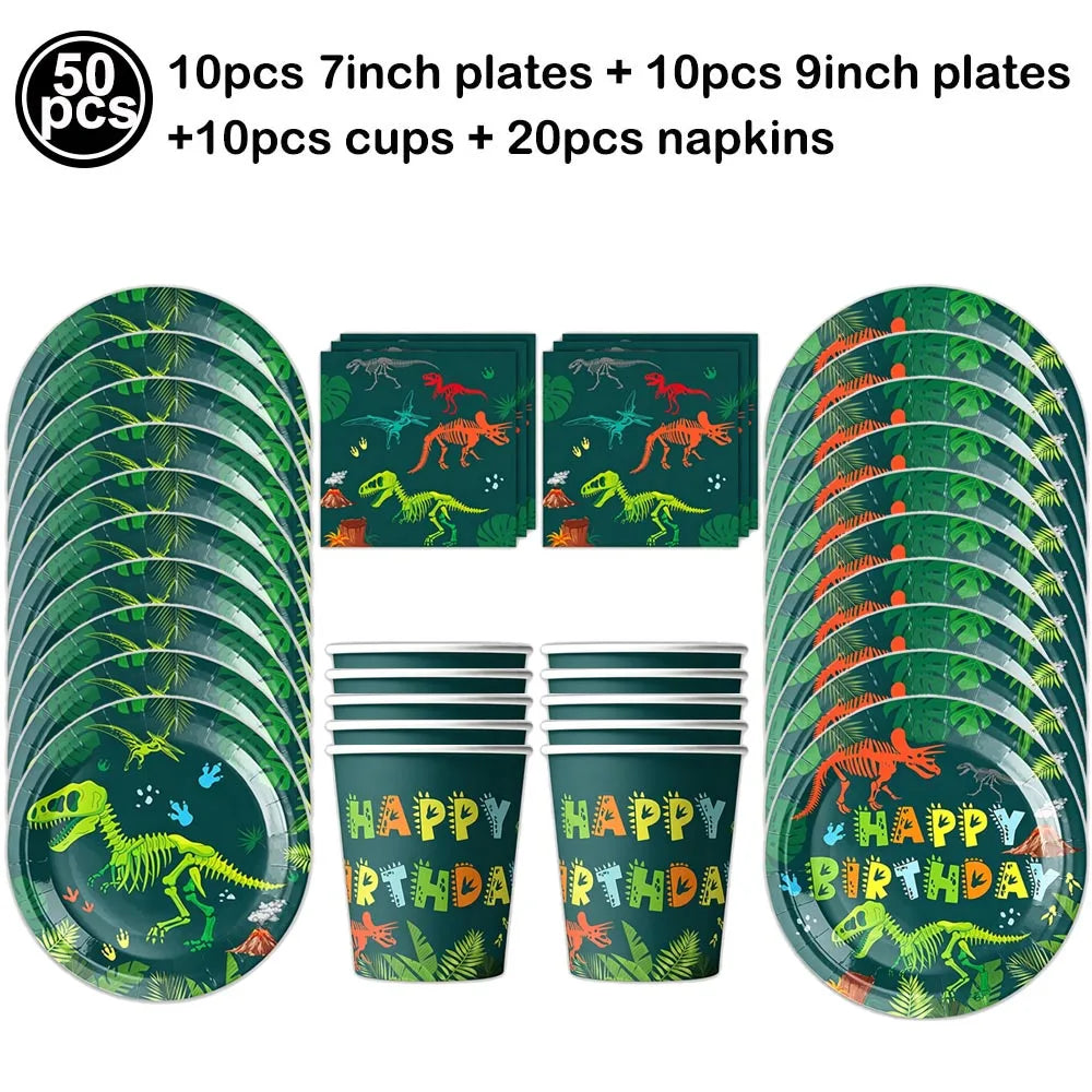 Jurassic Dinosaur Birthday Party Supplies – Dinosaur Fossil-Themed Disposable Plates, Cups & Napkins for Kids' Party Decorations