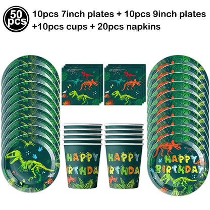 Jurassic Dinosaur Birthday Party Supplies – Dinosaur Fossil-Themed Disposable Plates, Cups & Napkins for Kids' Party Decorations
