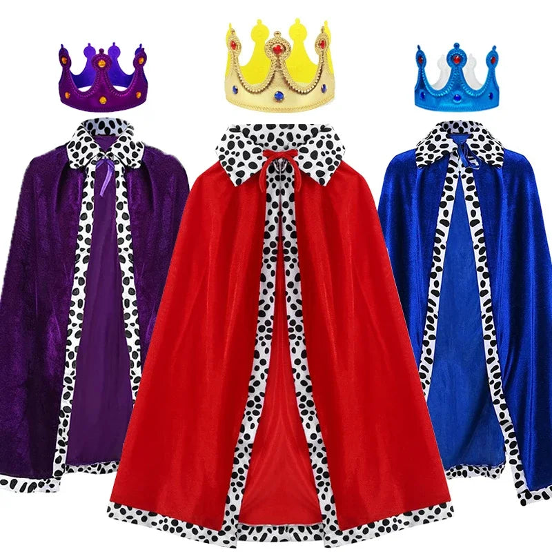 King Prince Costume Cloak with Crown – Red, Blue & Purple Velvet Cape Robe for Adults & Kids, Cosplay, Birthday Party & Dress-Up Accessory