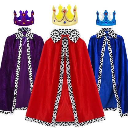 King Prince Costume Cloak with Crown – Red, Blue & Purple Velvet Cape Robe for Adults & Kids, Cosplay, Birthday Party & Dress-Up Accessory