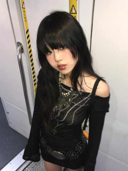 Karrram Japanese Y2K Knitted Top Grunge Tattoo Print Long Sleeve Ribbed Vintage Harajuku 2000s Gothic T-Shirt