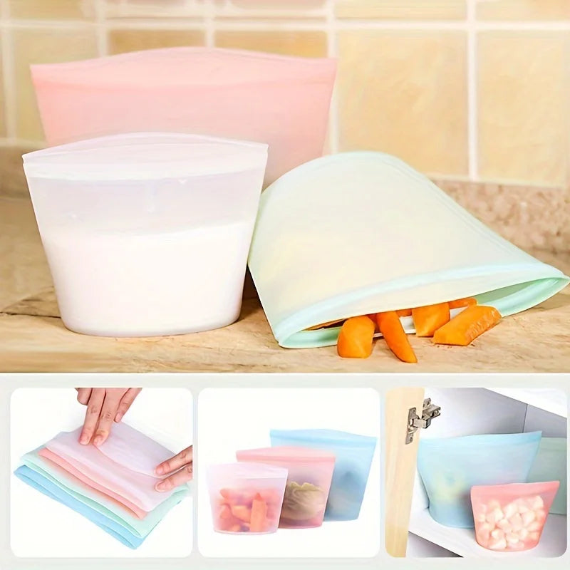 1/3PCS Reusable Silicone Food Storage Bags – Leakproof Ziplock Containers for Fridge & Freezer, Fresh-Keeping Kitchen Organizer Bags