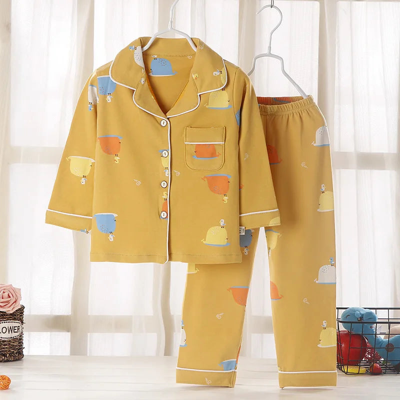 Kids' Cotton Pajama Set – Soft Cartoon Print Long-Sleeve Lapel Sleepwear for Boys & Girls, Comfortable Loose Spring Nightwear