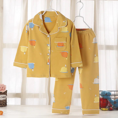 Kids' Cotton Pajama Set – Soft Cartoon Print Long-Sleeve Lapel Sleepwear for Boys & Girls, Comfortable Loose Spring Nightwear