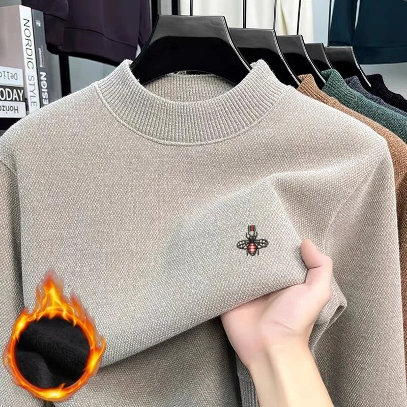Men’s 100% Merino Wool Winter Sweater – Little Bee Embroidered Ribbed Collar Knitted Pullover, Soft Warm Fashion Knitwear
