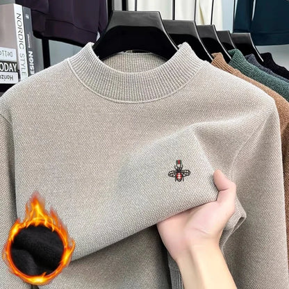 Men’s 100% Merino Wool Winter Sweater – Little Bee Embroidered Ribbed Collar Knitted Pullover, Soft Warm Fashion Knitwear