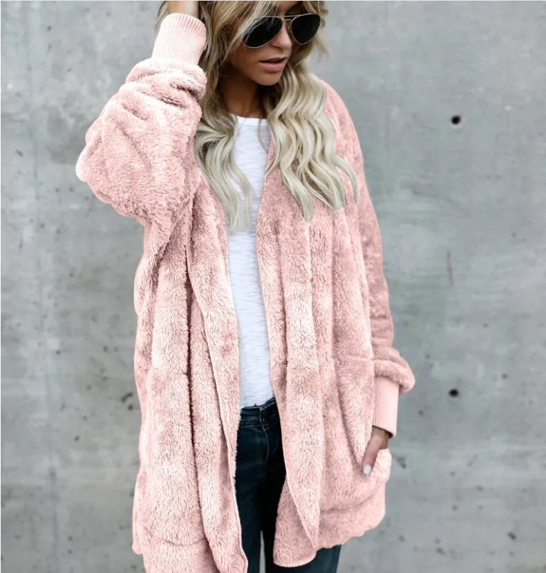 Women’s Double-Fleece Hooded Cardigan Jacket – Solid Color Plush Warm Coat with Long Sleeves, Oversized Autumn & Winter Outerwear