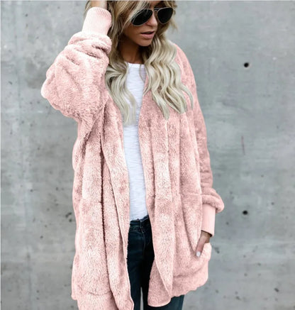 Women’s Double-Fleece Hooded Cardigan Jacket – Solid Color Plush Warm Coat with Long Sleeves, Oversized Autumn & Winter Outerwear