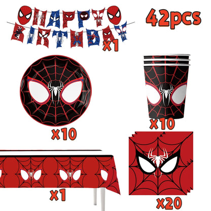 Spider Hero Birthday Party Supplies Set – Kids' Party Tableware Kit with Plates, Cups, Tablecloth, Backdrop, Balloons & Decorations