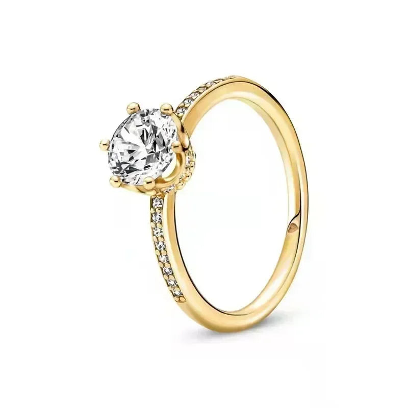 Anillo de moda ajustable con corona de corazón de plata de ley 925 chapado en oro con purpurina para mujer