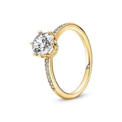 Anillo de moda ajustable con corona de corazón de plata de ley 925 chapado en oro con purpurina para mujer