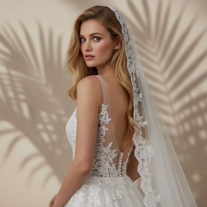 Long Bridal Lace Veil – Spanish Mantilla Wedding Veil with Lace Edge | Elegant Wedding Dress Accessory for Bride & Bridal Party