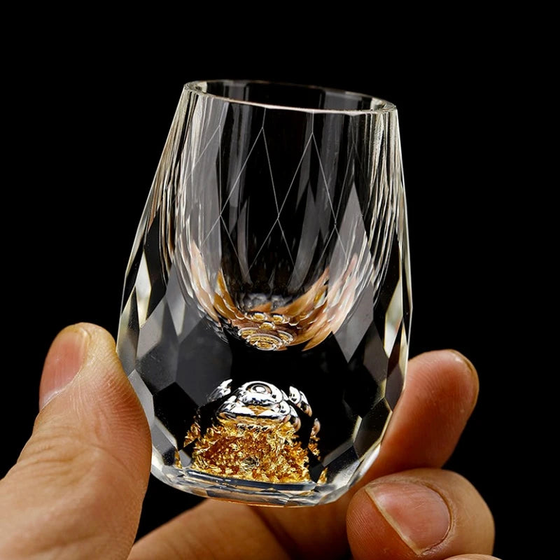 Luxury Crystal Glass Cup with Gold Foil Double Bottom, Vodka Shot Glass, Sake and Shochu Drinking Cup, Liqueur Glass, Elegant Tea Cup, Premium Bar Drinkware Gift