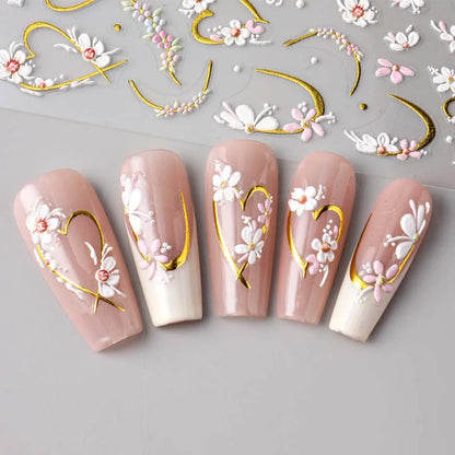2pcs 5D Embossed Flower Nail Stickers – Golden Heart & Pink Petal Nail Art Decals for Valentine’s Manicure Decoration
