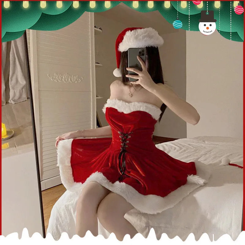 Women's Sexy Christmas Lolita Santa Costume, Red and White Short Skirt Dress, Elegant Santa Claus Cosplay Outfit for Christmas Parties, Holiday Events and Roleplay Garment