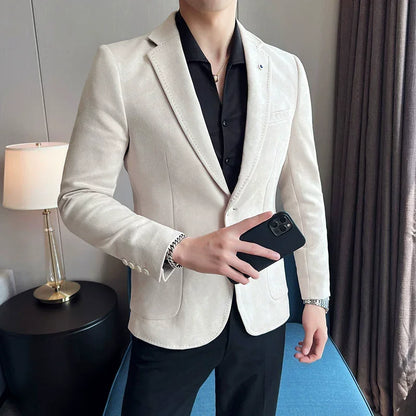 Blazer de terciopelo ajustado para hombre – Chaqueta de traje de lujo de piel de ciervo, abrigo elegante para negocios, casual, bodas, con tallas grandes