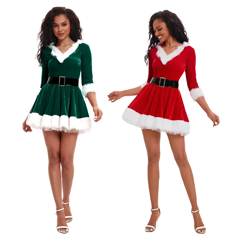 Women's Santa Claus Christmas Costume Dress with Half Sleeves and Waist Belt, Solid Color Xmas Cosplay Outfit, Ladies Holiday Fancy Dress for Christmas Parties, Festive Events and Role-Playing Celebrations
