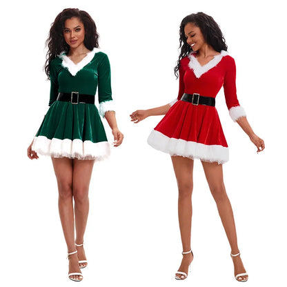 Women's Santa Claus Christmas Costume Dress with Half Sleeves and Waist Belt, Solid Color Xmas Cosplay Outfit, Ladies Holiday Fancy Dress for Christmas Parties, Festive Events and Role-Playing Celebrations