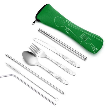 Ensemble de couverts de voyage en acier inoxydable 7 pièces – Couteau, fourchette, cuillère, baguettes et paille portables avec sac de transport pour le camping en plein air, les pique-niques, l'école et les repas quotidiens