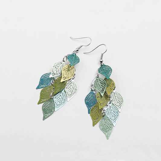 Women’s Vintage Bohemian Hollow Leaf Drop Earrings Colorful Long Dangle 2026 Fashion Jewelry
