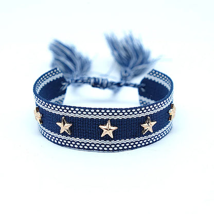 Bohemian Star Tassel Bracelet – Handmade Woven Alloy Gold Rivet Wrist Strap for Women | Ethnic Fashion Jewelry Gift