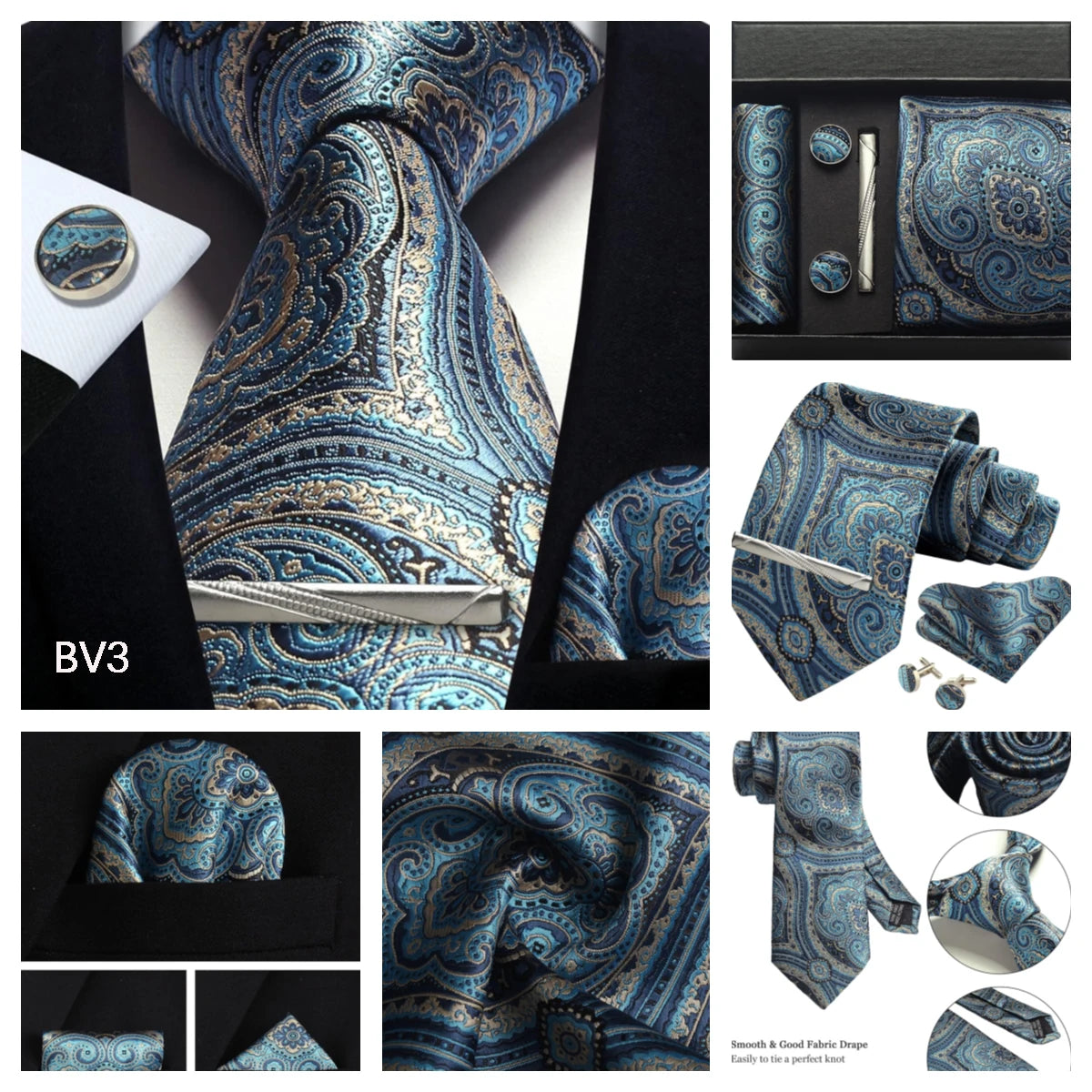 Corbata de seda 100% con diseño floral de Paisley para hombre con pañuelo de bolsillo, pasador de corbata y gemelos en caja de regalo