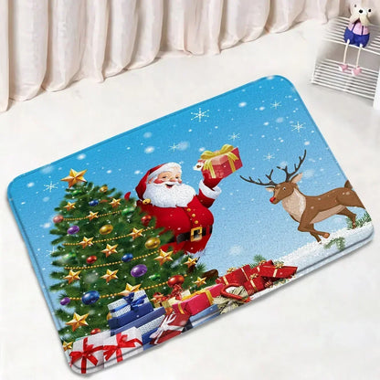Funny Christmas Bath Mat Set – Cute Snowman, Santa Claus, Red Ball & Xmas Tree Bathroom Rugs with Toilet Lid Cover