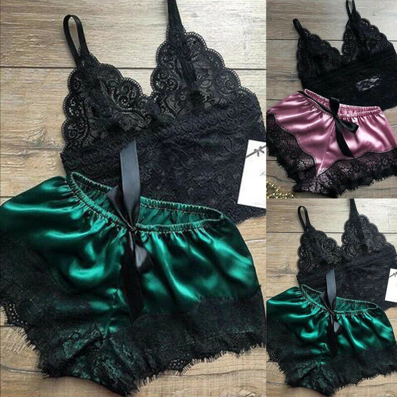 Ensemble de pyjama 2 pièces en dentelle pour femme – Caraco babydoll et short, lingerie de nuit douce
