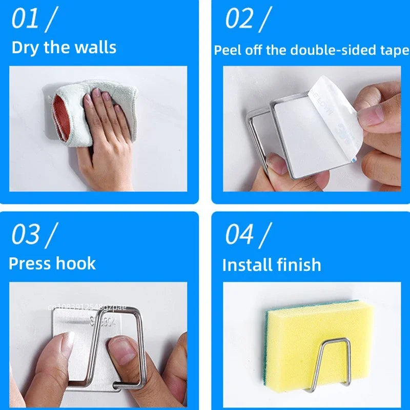Soporte de esponja para fregadero de acero inoxidable – Estante de secado autoadhesivo para desagüe de cocina, organizador de almacenamiento de esponjas montado en la pared con ganchos para fregadero, accesorios para lavavajillas y organización de cocina