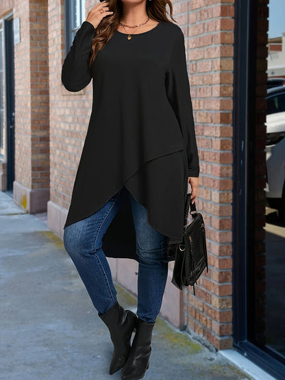 Plus Size Women's Asymmetrical Hem Long Sleeve Top – Elegant Round Neck Solid Color Casual Pullover Shirt