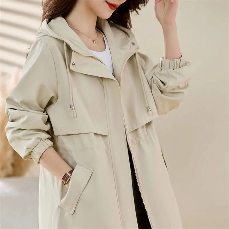 Women’s Camel Military-Style Trench Coat – Slim-Fit Hooded Jacket, Minimalist Casual Outerwear for Spring & Autumn