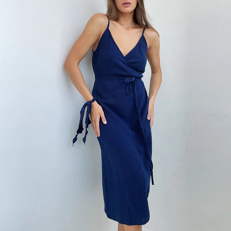 Vintage Women's Maxi Dress 100% Cotton Crepe Gauze V-Neck Sleeveless Bandage Long Elegant Summer Dress