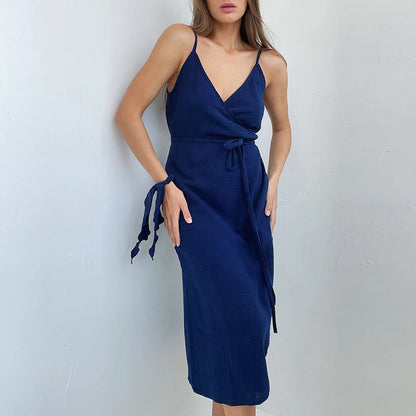 Vintage Women's Maxi Dress 100% Cotton Crepe Gauze V-Neck Sleeveless Bandage Long Elegant Summer Dress