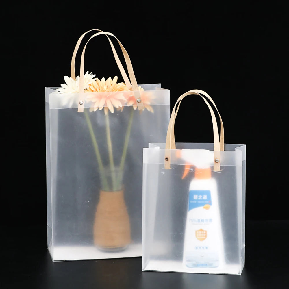 10PCS Frosted PVC Tote Gift Bags – Waterproof Transparent Reusable Gift, Candy & Party Favor Bags for Packaging & Shopping
