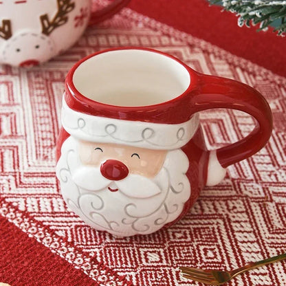 Christmas Santa Claus Ceramic Mug – Embossed Reindeer Coffee & Milk Cup for Breakfast, Kids’ Xmas Gift & Holiday Home Drinkware