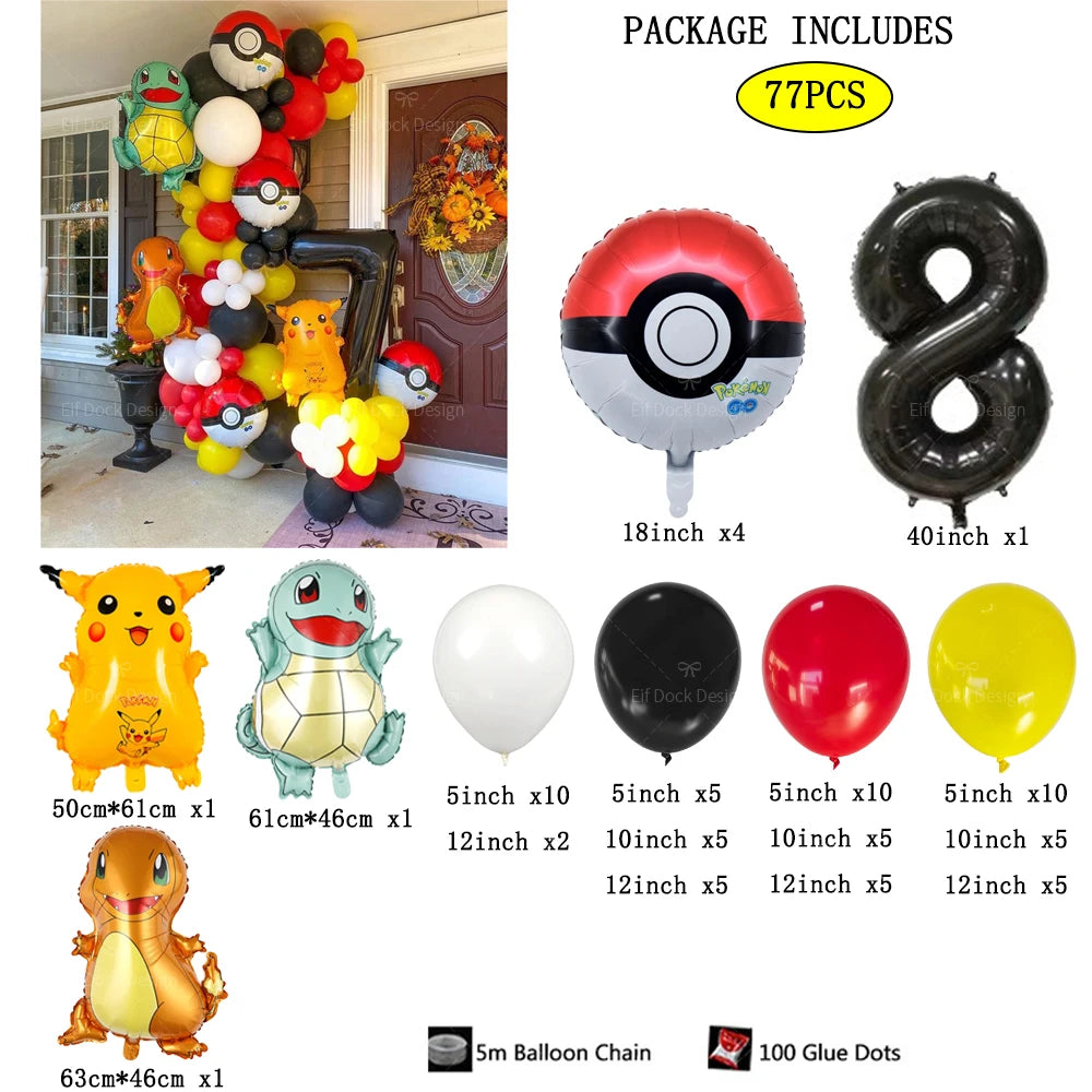 77pcs Pokémon Pikachu & Squirtle Balloon Garland Set – Red, Black & Yellow Latex Balloons for Kids Birthday Party & Baby Shower Decorations