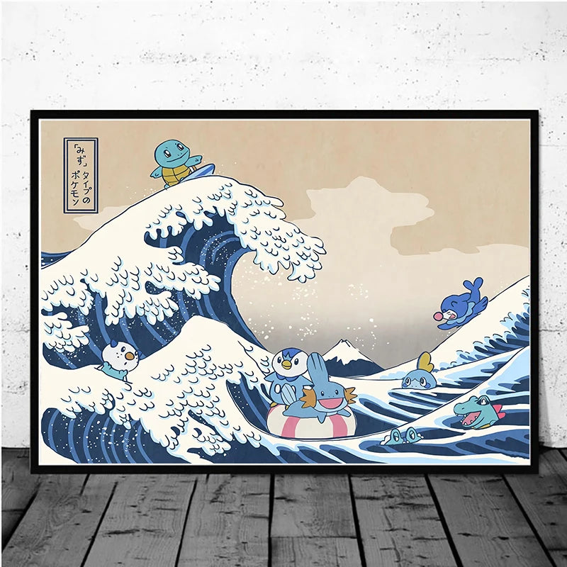 Pokémon Pikachu Great Wave of Kanagawa Canvas Wall Art – Anime Comic Poster Home Decor