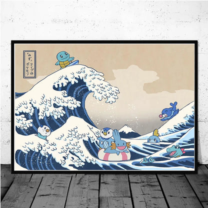 Pokémon Pikachu Great Wave of Kanagawa Canvas Wall Art – Anime Comic Poster Home Decor