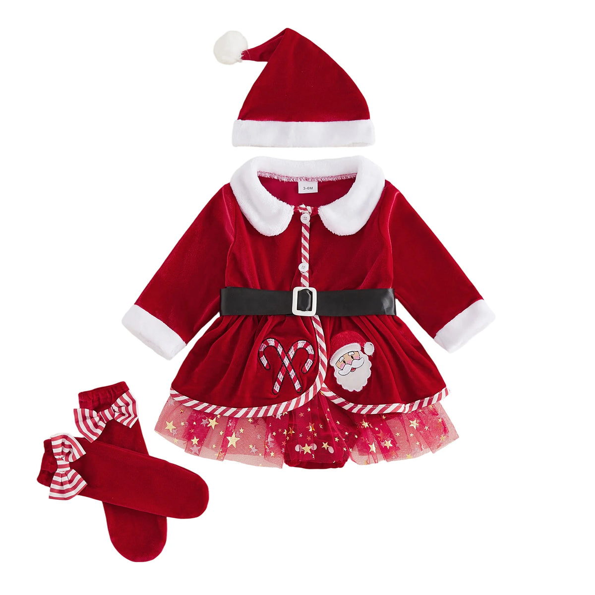 Baby Girls Christmas Santa Claus Costume Set, Princess Velvet Romper Dress with Embroidered Details, Belt, Santa Hat and Stockings, Festive Xmas Holiday Outfit for Christmas Parties and Photoshoots