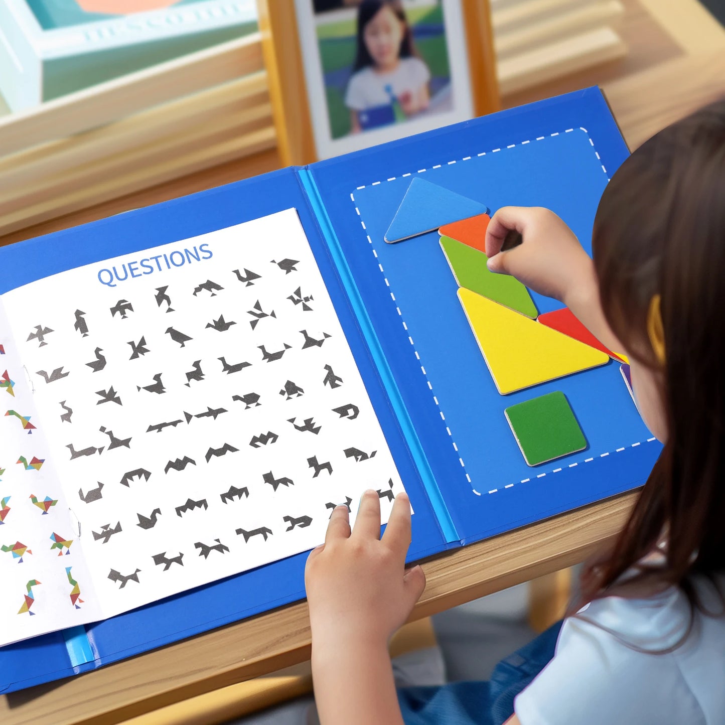 Libro magnético de tangram de madera – Juguete educativo Montessori, rompecabezas portátil para niños, infantes y desarrollo de inteligencia temprana