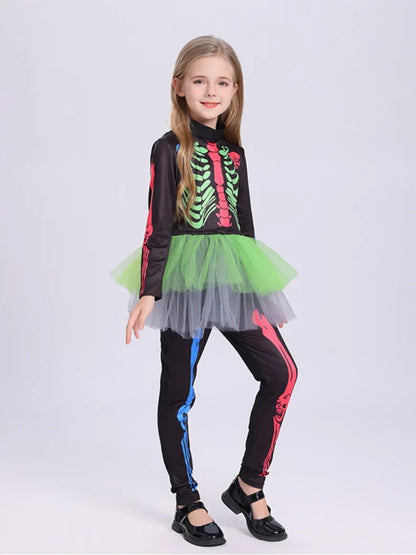 Colorful Skeleton Cosplay Costume for Kids – Girls One-Piece Tight Skirt Dress for Halloween Roleplay & Party Wear