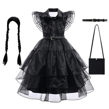 Girls’ Wednesday Addams Cosplay Costume Dress – Gothic Mesh Party Dress for Kids, Halloween Carnival Dress-Up Outfit, Ages 4–12