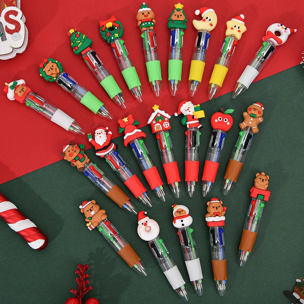 30PCS Cute Cartoon 4-Color Ballpoint Pens – Mini Pocket Kawaii 3D Pens for Kids, Christmas Student Prizes, School & Office Stationery